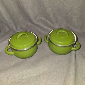 Set of 2 Green Enamel Mini Dutch Oven Pots with Lids Individual Cocotte 4.5 inch